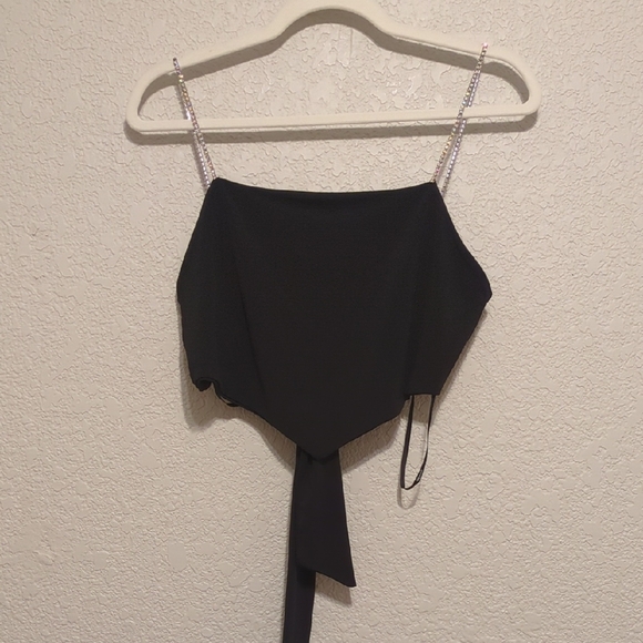 Forever 21 Tops - Forever 21 black rhinestone strap tie back square neck crop top
